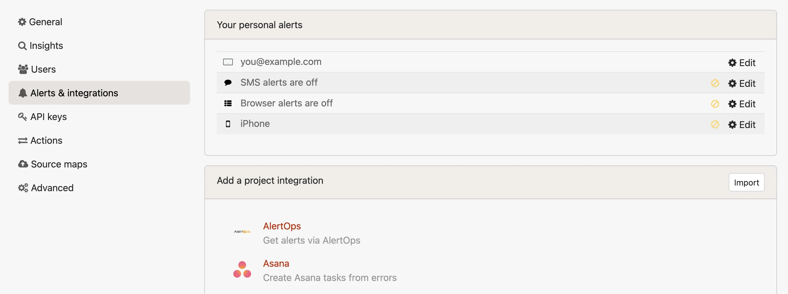 Project settings showing Alerts & integrations navigation