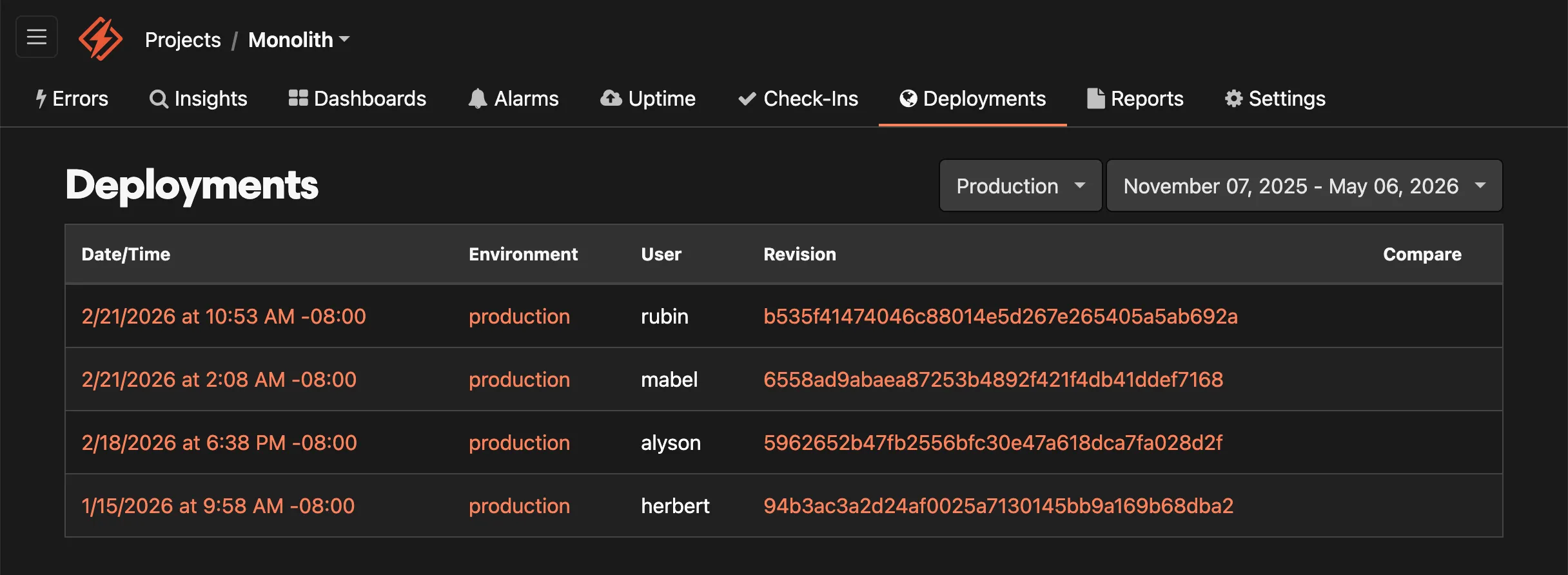 Deployment screen showing recent deployments