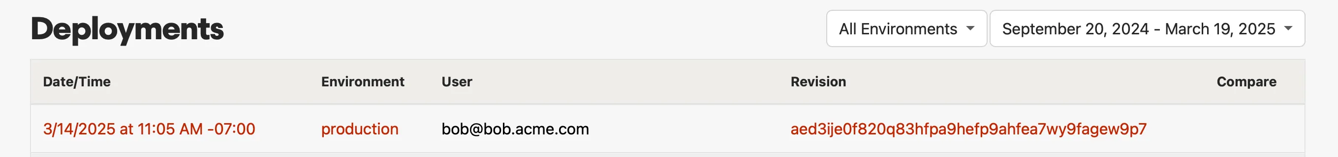 Deployment screen showing recent deployments
