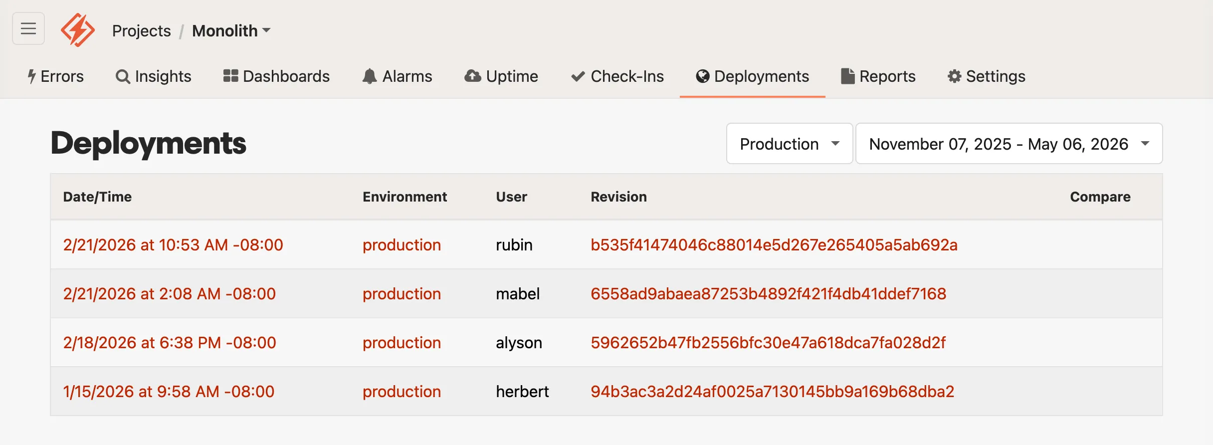 Deployment screen showing recent deployments