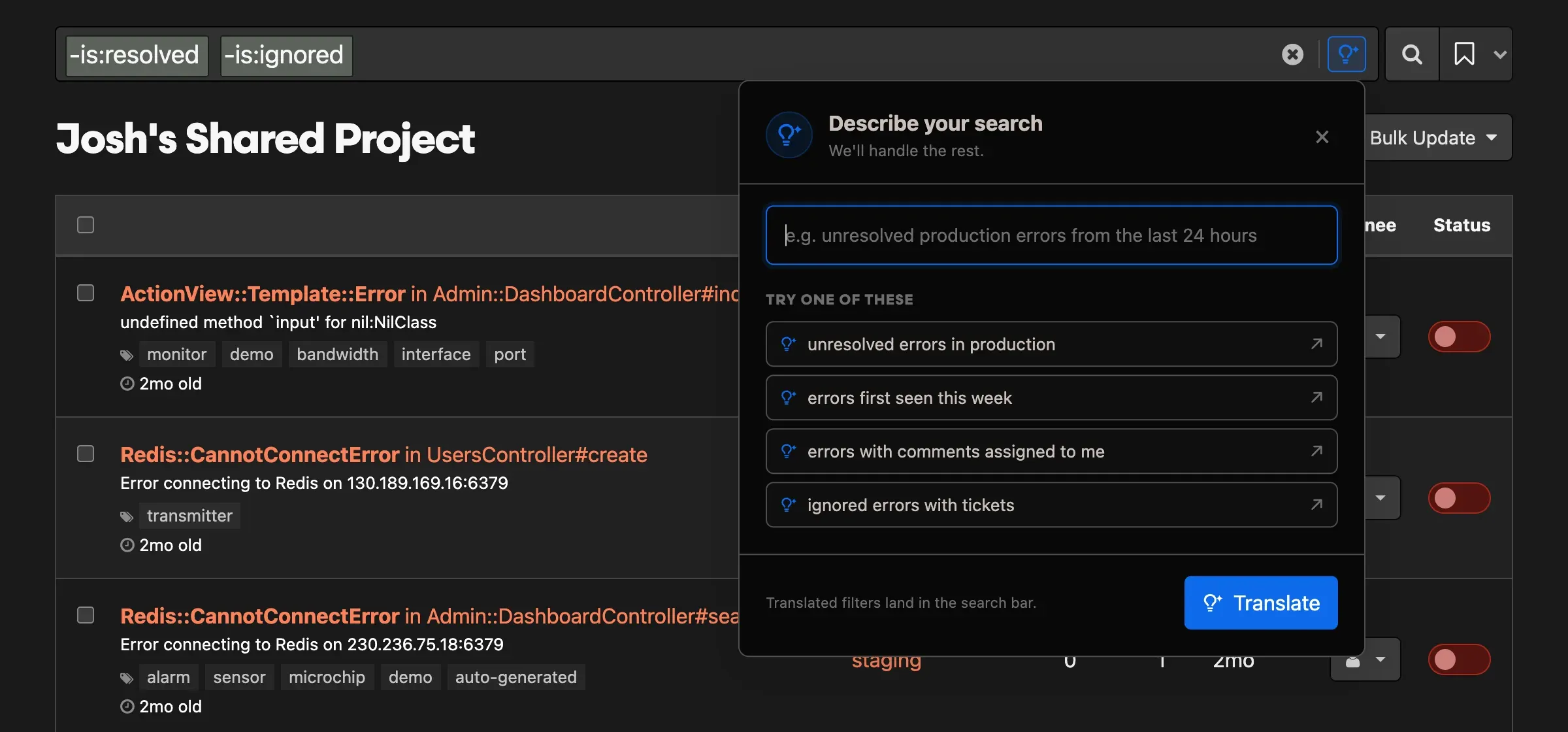 The Describe your search panel on the errors page