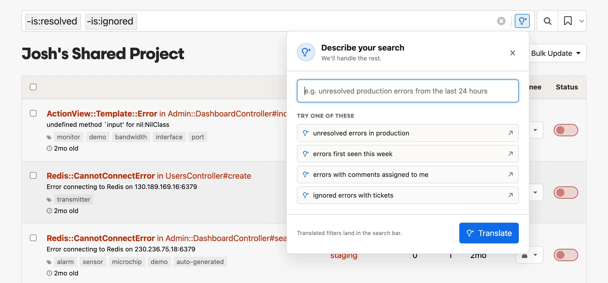 The Describe your search panel on the errors page