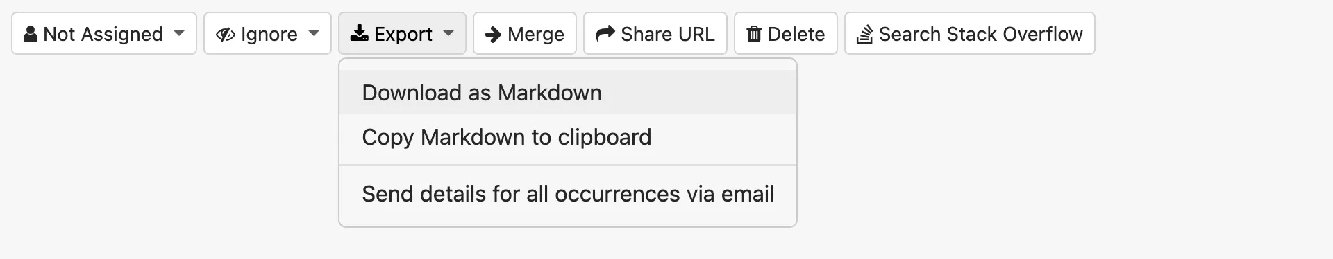 Export dropdown menu showing options: Download as Markdown, Copy Markdown to
clipboard, Send details for all occurrences via
email
