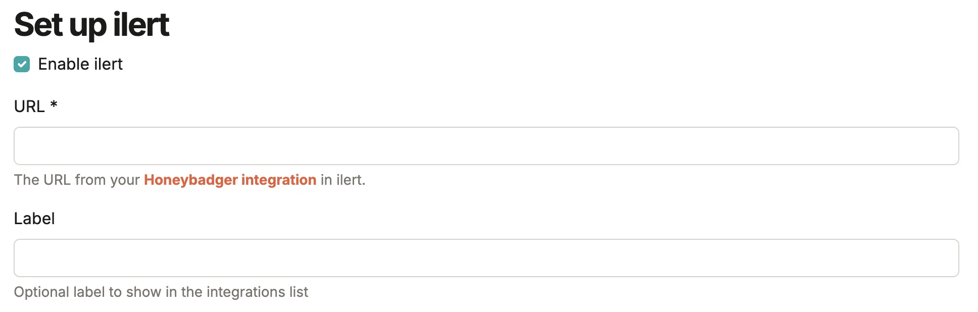 A screenshot of the settings form in Honeybadger's alert settings for
the ilter integration