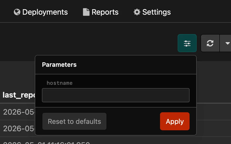 Parameters popover open in a dashboard toolbar, showing a text field for the hostname parameter with Reset to defaults and Apply controls.