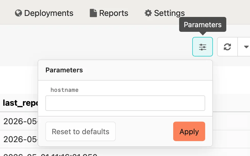Parameters popover open in a dashboard toolbar, showing a text field for the hostname parameter with Reset to defaults and Apply controls.