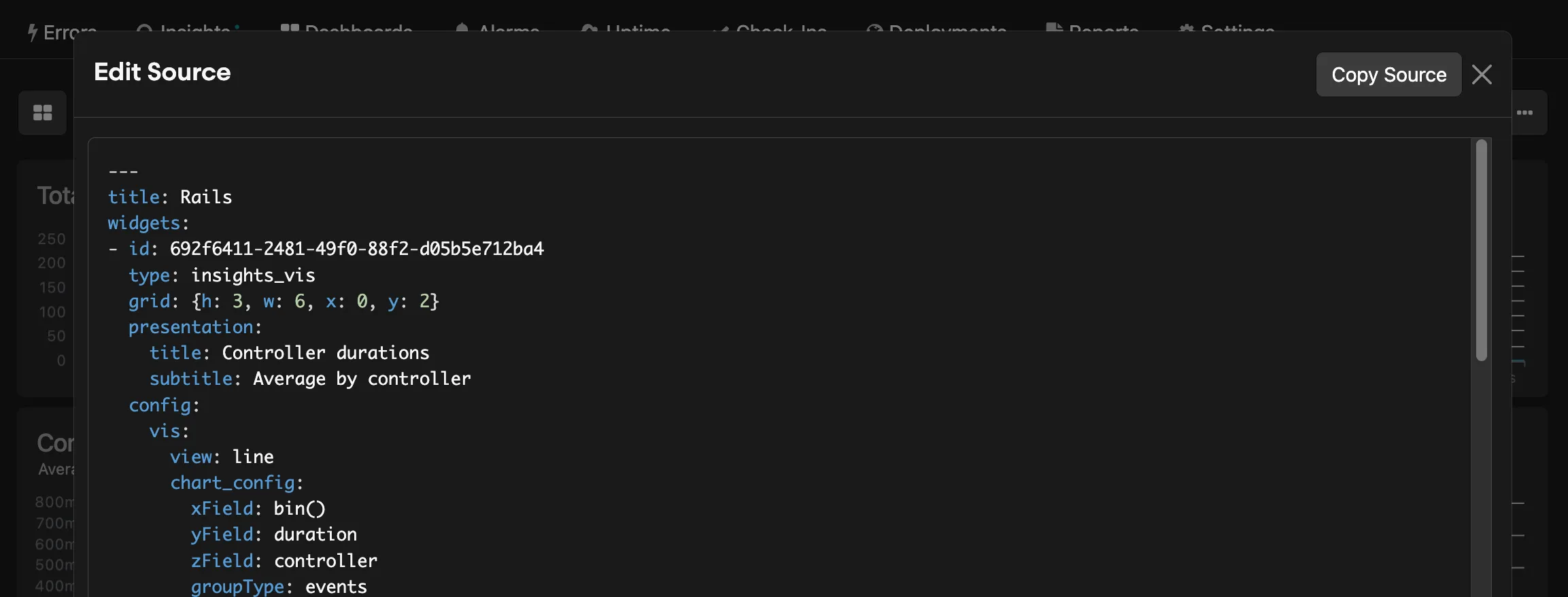 Edit Source modal showing YAML configuration for dashboard widget settings.