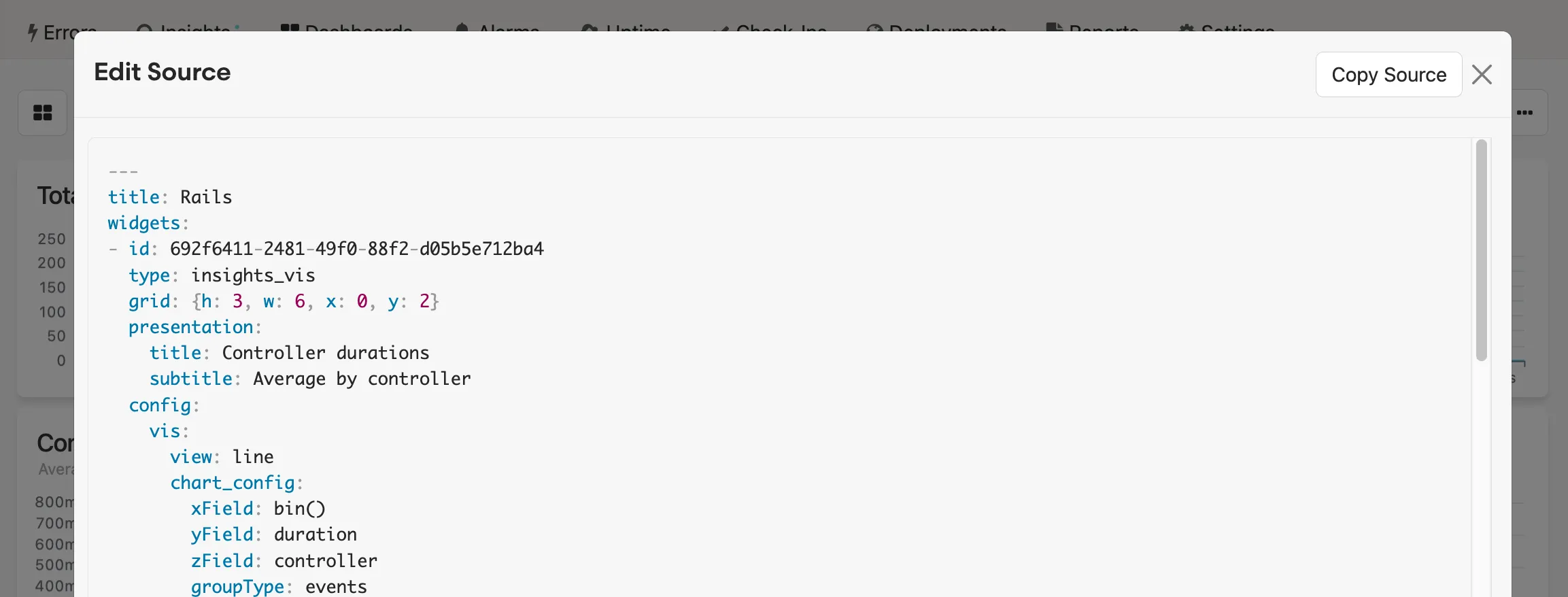 Edit Source modal showing YAML configuration for dashboard widget settings.