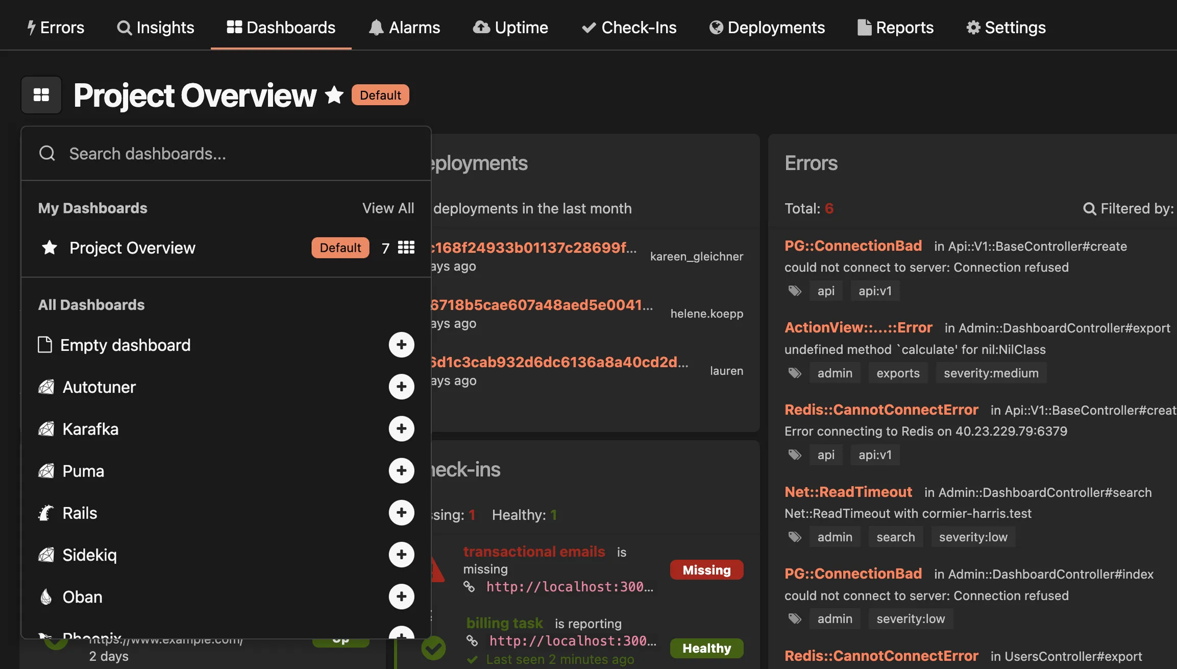 Honeybadger dashboards overview showing the main dashboard interface