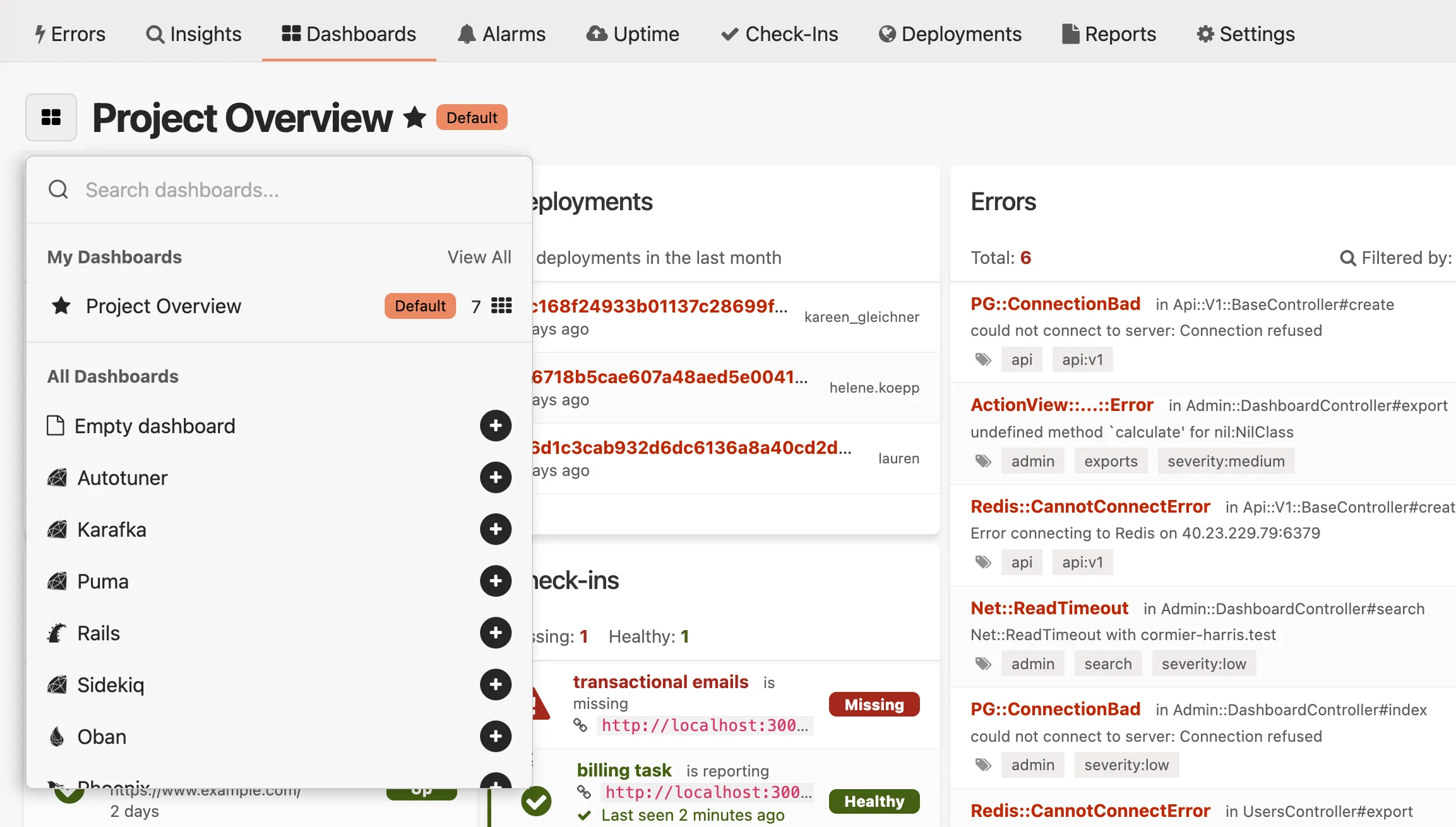 Honeybadger dashboards overview showing the main dashboard interface