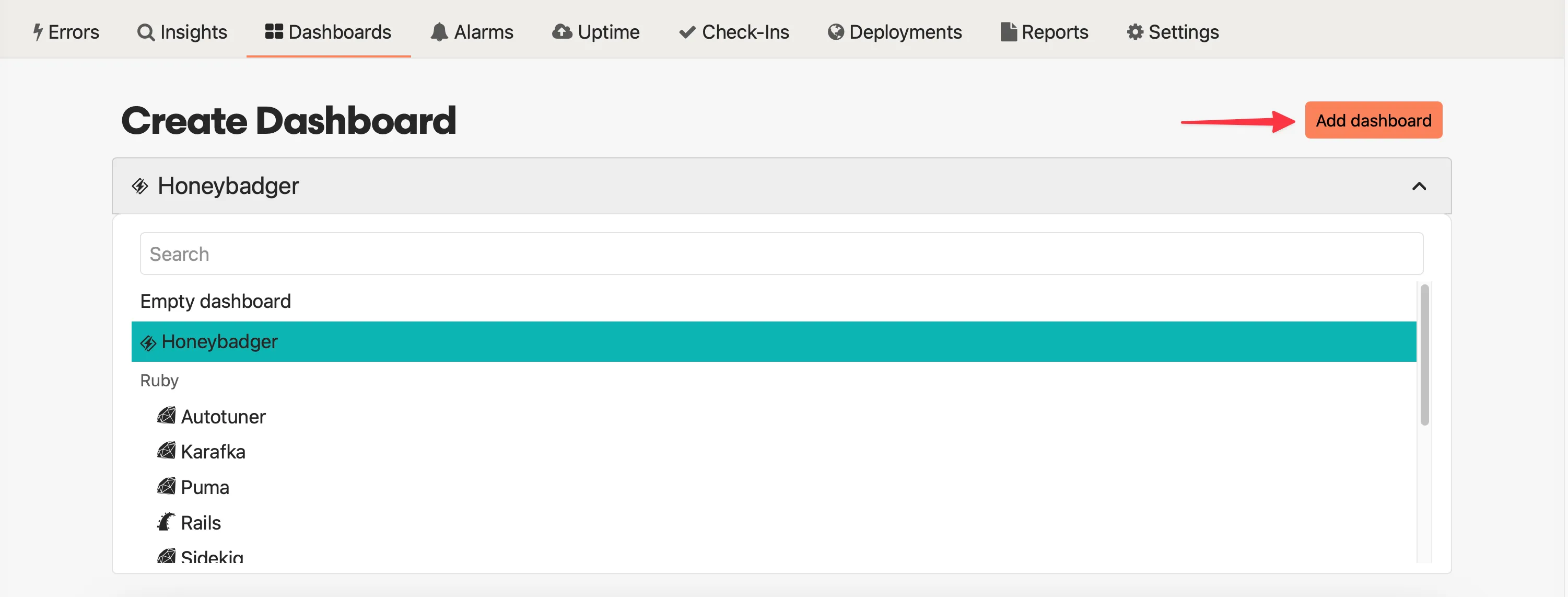 Honeybadger dashboards overview showing the main dashboard interface