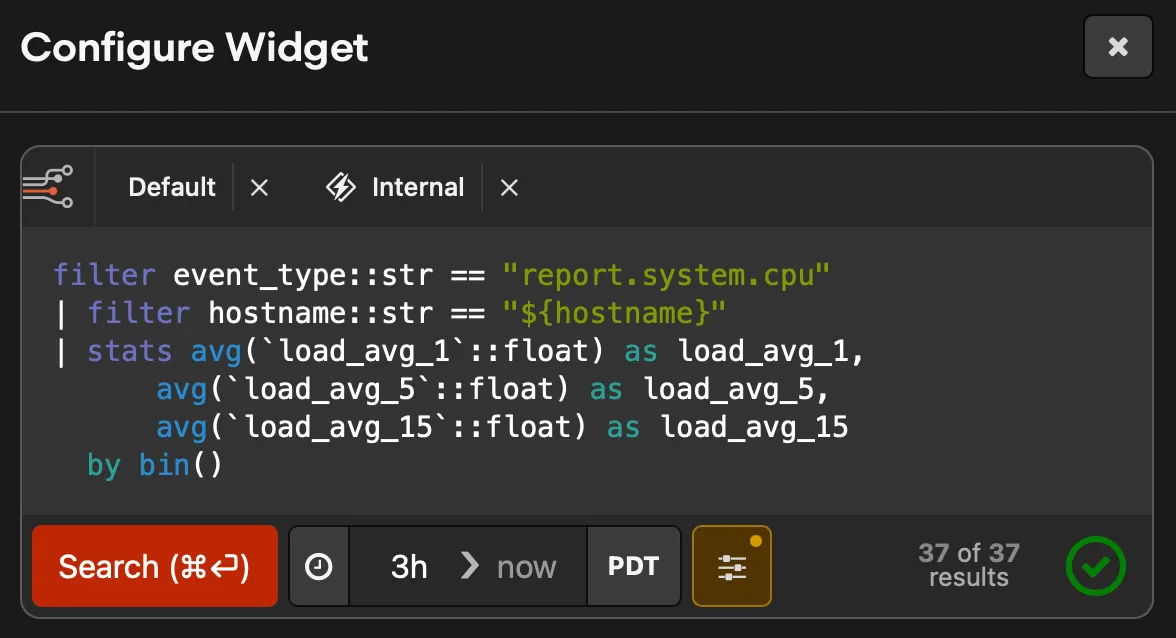 Configure Widget panel showing a BadgerQL query that filters by hostname using a parameter reference.