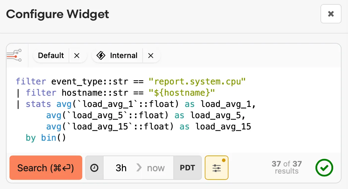 Configure Widget panel showing a BadgerQL query that filters by hostname using a parameter reference.