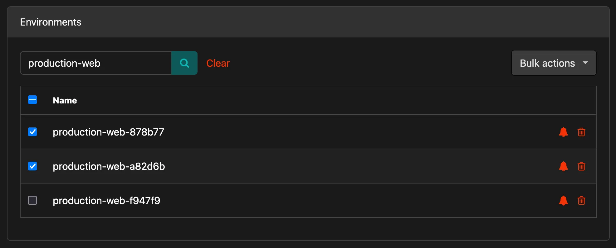 Environments settings tab showing a search for production-web, three matching environments with two selected, per-row notification and forget buttons, and a Bulk actions dropdown
