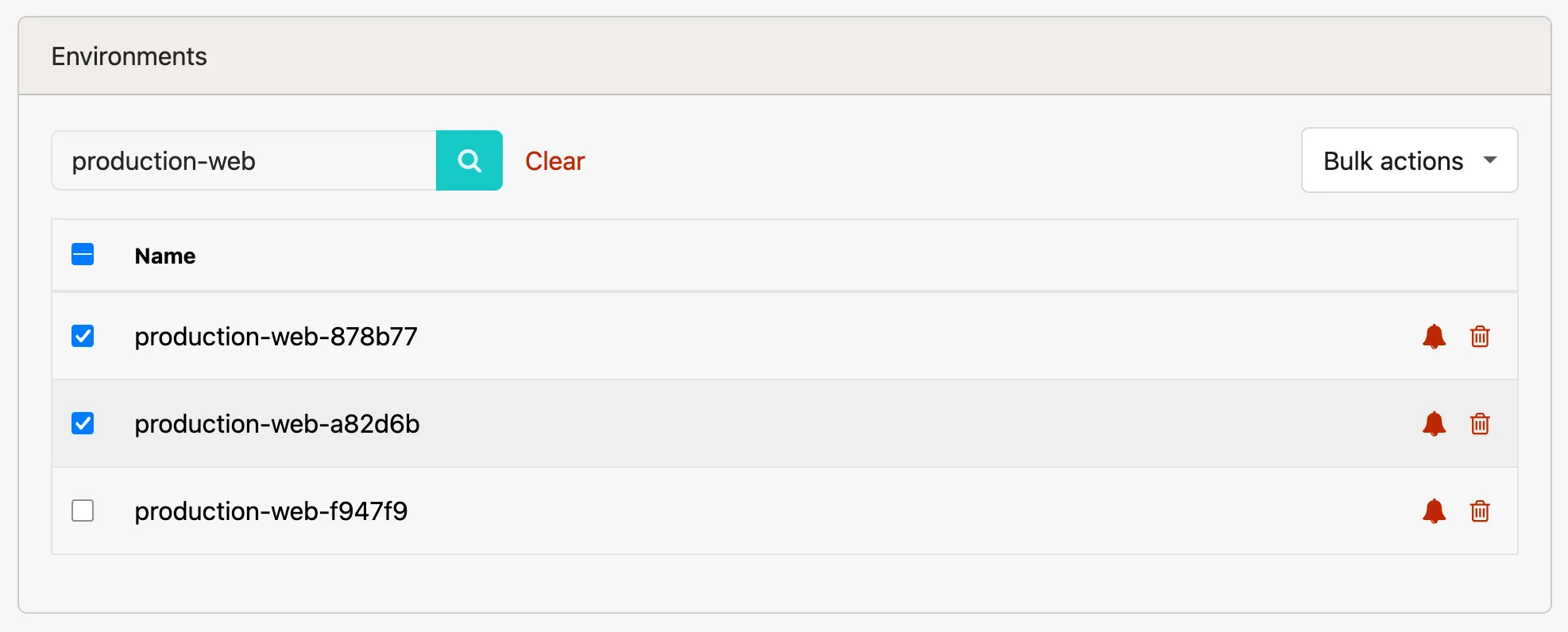 Environments settings tab showing a search for production-web, three matching environments with two selected, per-row notification and forget buttons, and a Bulk actions dropdown