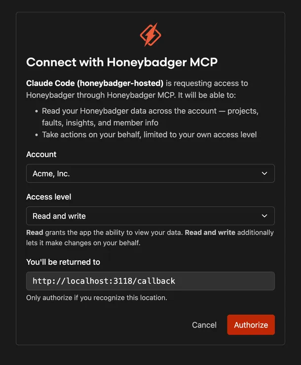 The Connect with Honeybadger MCP authorization screen, with selectors for the account to grant access to and the access level
