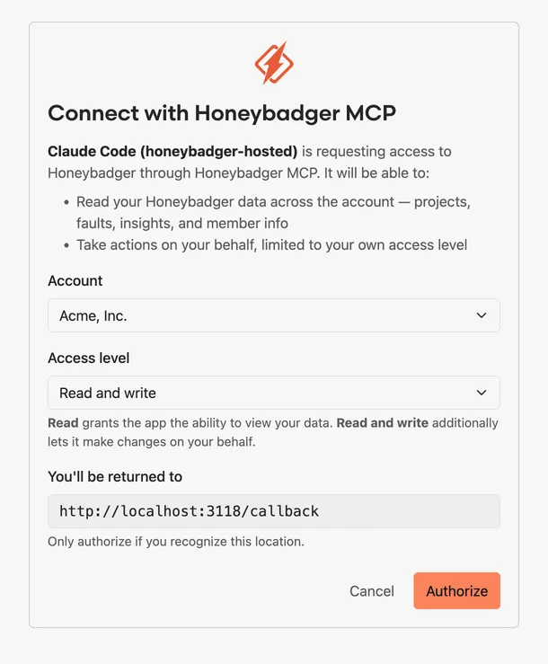The Connect with Honeybadger MCP authorization screen, with selectors for the account to grant access to and the access level