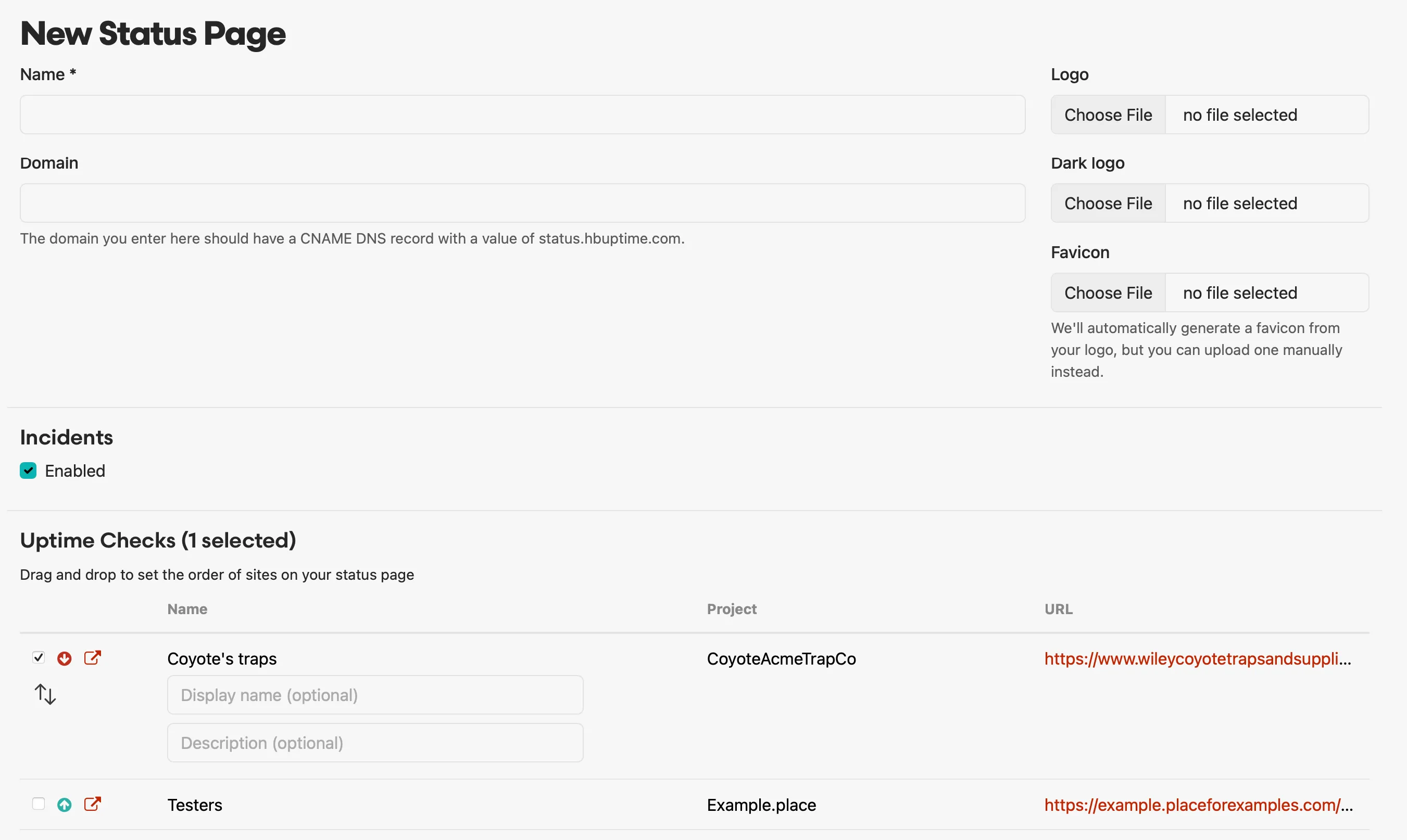 New status page form