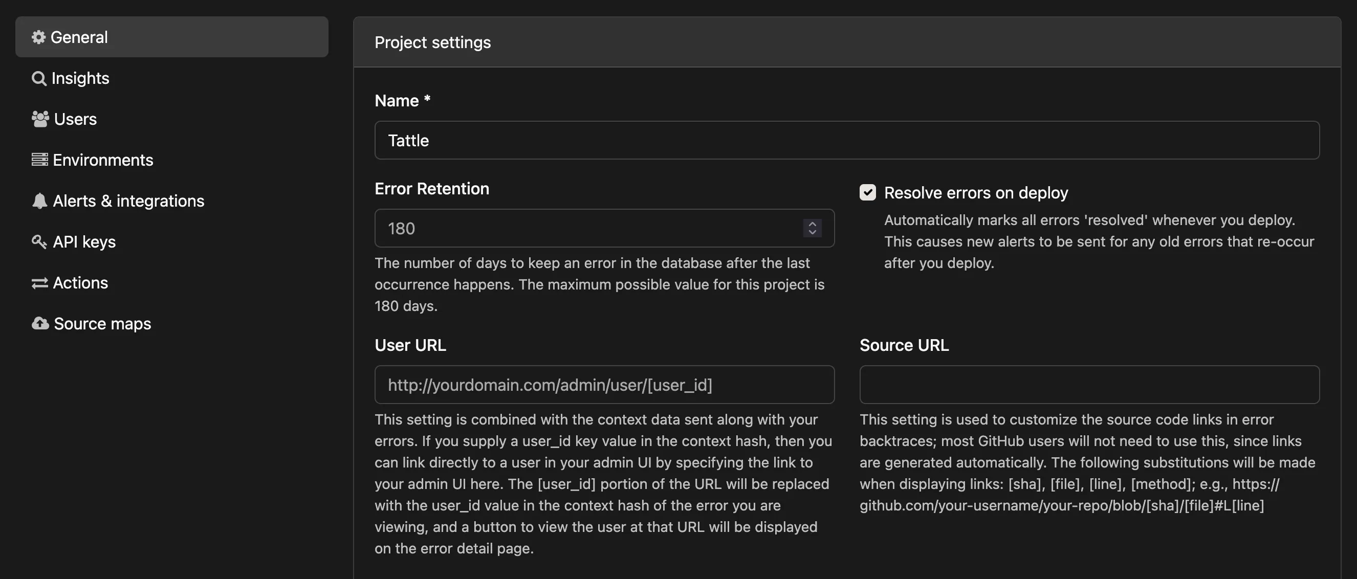Project settings page with the General tab selected in the left sidebar, showing the Name, Error Retention, Resolve errors on deploy, User URL, and Source URL fields