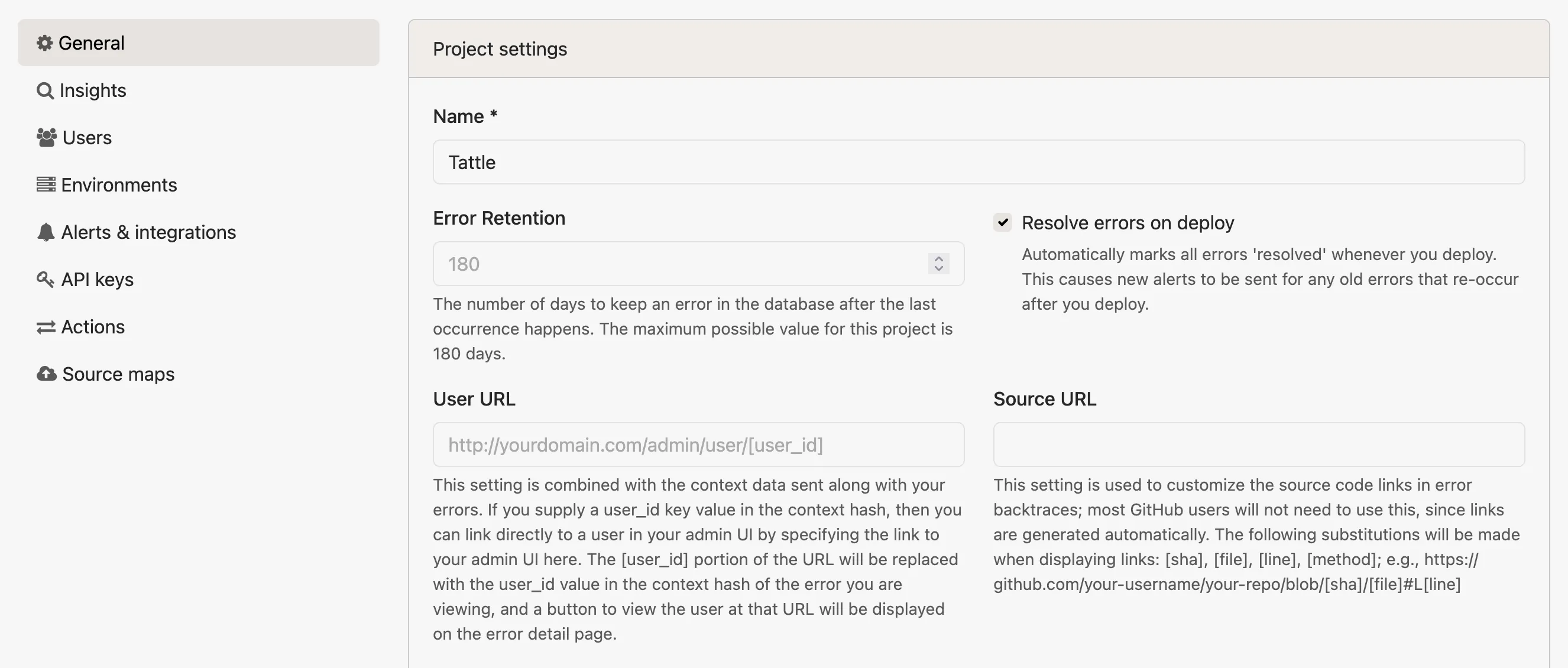 Project settings page with the General tab selected in the left sidebar, showing the Name, Error Retention, Resolve errors on deploy, User URL, and Source URL fields