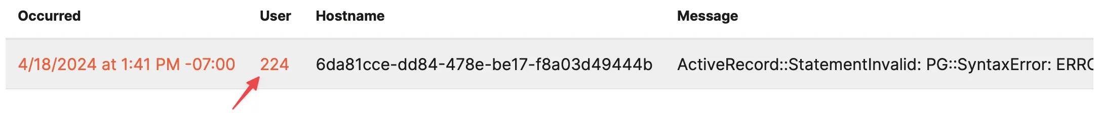 User value displayed in notice timeline on error detail page