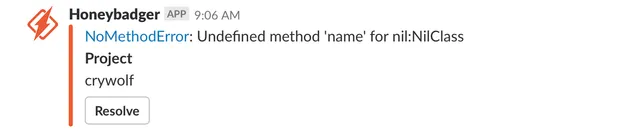 Slack notification showing a Honeybadger error and integration with AI debugging tools for quick issue resolution.