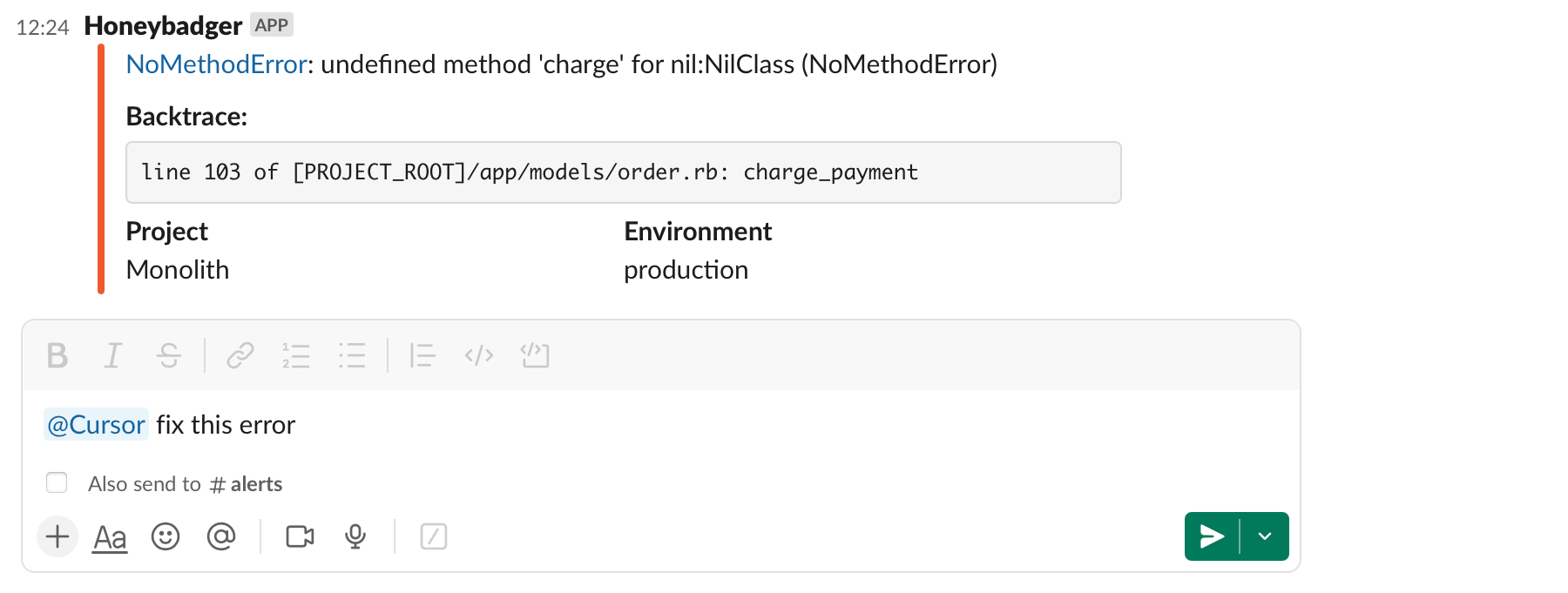 Slack notification showing a Honeybadger error and integration with AI debugging tools for quick issue resolution.